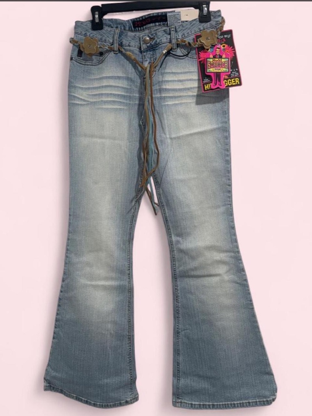 Light Wash Women’s Flare Jeans with Brown Braided Belt